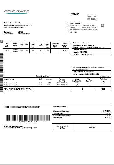Moldova Gas business utility bill template in Word and PDF formats